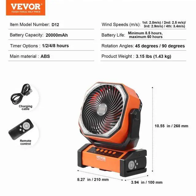 Alt view image 7 of 14 - VEVOR Portable Fan Rechargeable 9 inch, Battery Powered Fan with LED Lantern, 4 Speeds Adjustable & 45°/90°Automatic Swivel & Timer , USB Battery Operated Fans for Travel Bedroom Home Camping Office