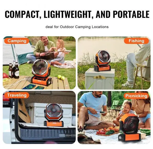 Alt view image 6 of 14 - VEVOR Portable Fan Rechargeable 9 inch, Battery Powered Fan with LED Lantern, 4 Speeds Adjustable & 45°/90°Automatic Swivel & Timer , USB Battery Operated Fans for Travel Bedroom Home Camping Office