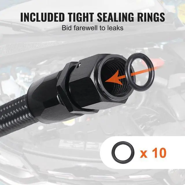 Alt view image 6 of 14 - VEVOR 8AN Fuel Line Kit, 20 FT Fuel Hose Kit, 0.43" Nylon Stainless Steel Braided Fuel Line Oil/Gas/Diesel Hose End Fitting Kit, with 12 PCS Swivel Fitting Adapter Kit, Black