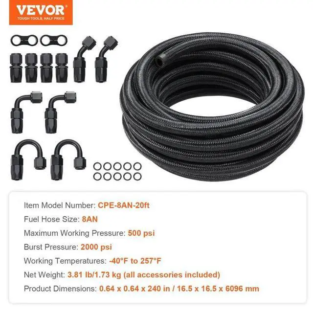 Alt view image 7 of 14 - VEVOR 8AN Fuel Line Kit, 20 FT Fuel Hose Kit, 0.43" Nylon Stainless Steel Braided Fuel Line Oil/Gas/Diesel Hose End Fitting Kit, with 12 PCS Swivel Fitting Adapter Kit, Black