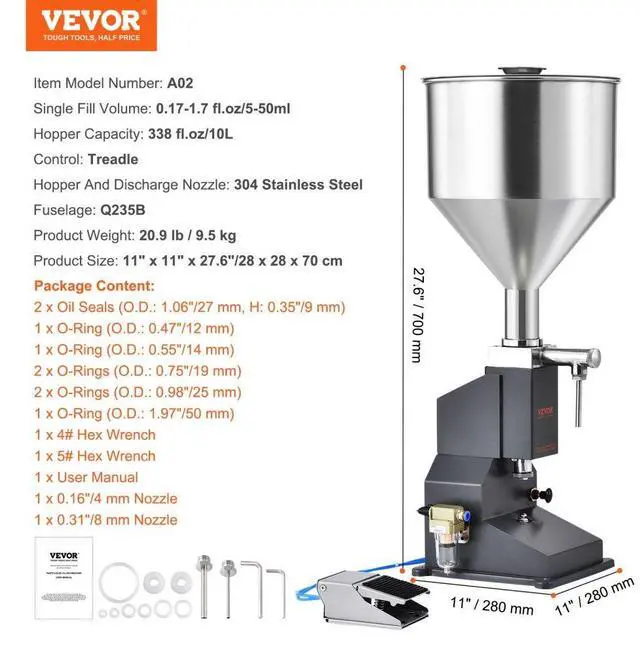 Alt view image 7 of 7 - VEVOR Pneumatic Paste Liquid Filling Machine, 5-50ml Bottle Filler, Bottle Filling Machine, Stainless Steel Liquid Filler with Pedal for Milk Water Juice Essential Oil Shampoo Cosmetic Honey Lotion