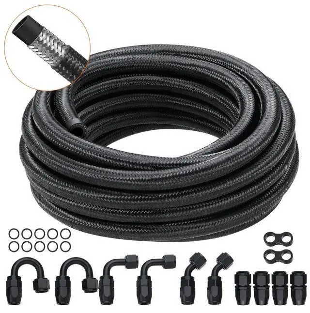 Main image of VEVOR 6AN Fuel Line Kit, 20 FT Fuel Hose Kit, 0.34" Nylon Stainless Steel Braided Fuel Line Oil/Gas/Diesel Hose End Fitting Kit, with 12 PCS Swivel Fitting Adapter Kit, Black