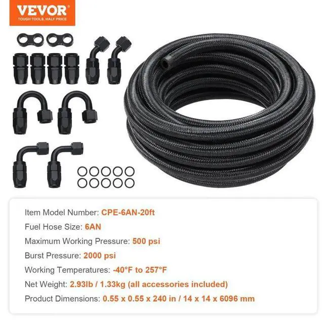 Alt view image 7 of 14 - VEVOR 6AN Fuel Line Kit, 20 FT Fuel Hose Kit, 0.34" Nylon Stainless Steel Braided Fuel Line Oil/Gas/Diesel Hose End Fitting Kit, with 12 PCS Swivel Fitting Adapter Kit, Black