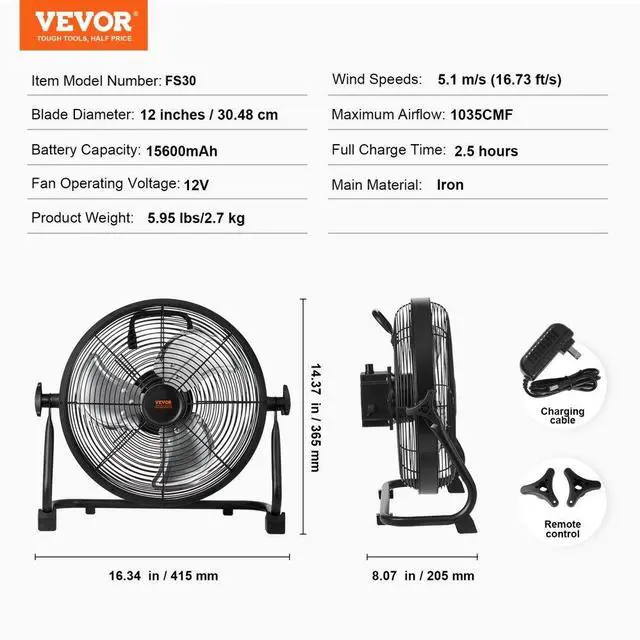 Alt view image 7 of 10 - VEVOR Cordless Fan 12 in, Portable Quiet Personal Fan for Home or Office, 360 Degree Manual Pivoting Head, Stepless Speed Regulation High Velocity Cordless Fan, Heavy Duty Metal Industrial Floor Fans