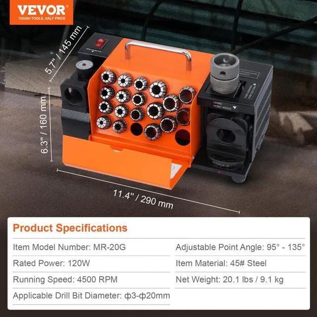 Alt view image 7 of 7 - VEVOR MR-20G Drill Bits Sharpener 3-20mm Bits Grinder Sharpener & 18 Collets
