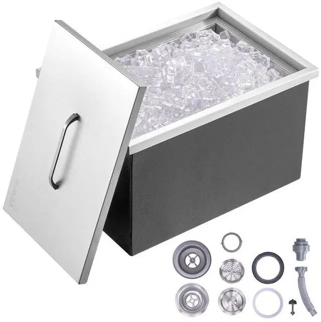 Main image of VEVOR Drop in Ice Chest, 22"L x 17"W x 12"H Stainless Steel Ice Cooler, Commercial Ice Bin with Cover, 40 qt Outdoor Kitchen Ice Bar, Drain-pipe and Drain Plug Included, for Cold Wine Beer