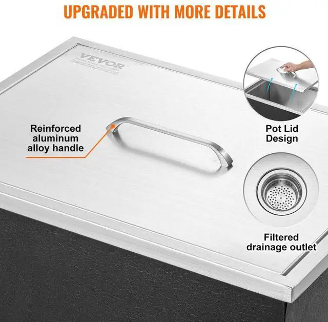 Alt view image 5 of 7 - VEVOR Drop in Ice Chest, 22"L x 17"W x 12"H Stainless Steel Ice Cooler, Commercial Ice Bin with Cover, 40 qt Outdoor Kitchen Ice Bar, Drain-pipe and Drain Plug Included, for Cold Wine Beer
