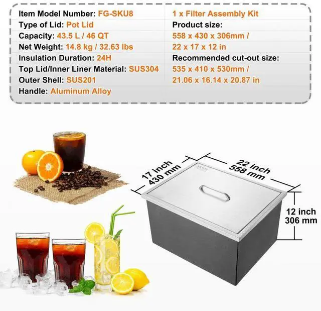 Alt view image 7 of 7 - VEVOR Drop in Ice Chest, 22"L x 17"W x 12"H Stainless Steel Ice Cooler, Commercial Ice Bin with Cover, 40 qt Outdoor Kitchen Ice Bar, Drain-pipe and Drain Plug Included, for Cold Wine Beer