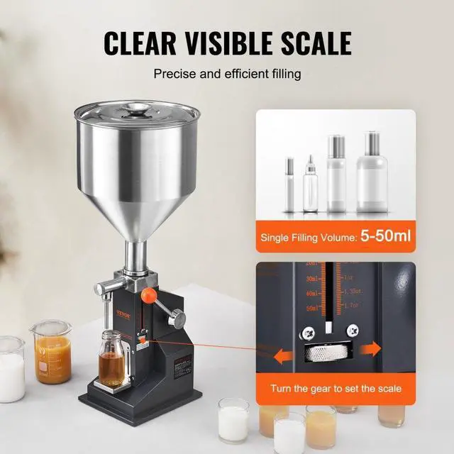 Alt view image 3 of 14 - VEVOR Manual Paste Liquid Filling Machine, 5-50ml Bottle Filler, Adjustable Bottle Filling Machine, Stainless Steel Liquid Filler with Hopper for Milk Water Juice Essential Oil Shampoo Cosmetic Honey