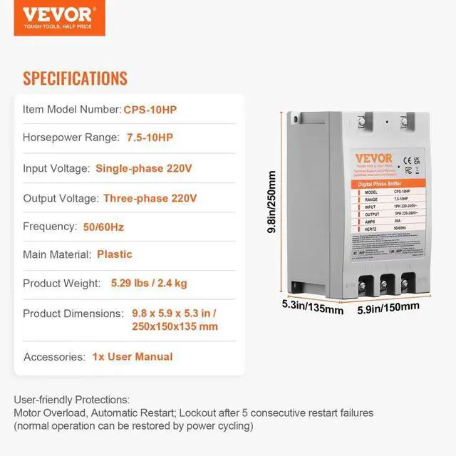 Alt view image 7 of 7 - VEVOR 3 Phase Converter - 10HP 30A 220V Single Phase to 3 Phase Converter, Digital Phase Shifter for Residential and Light Commercial Use, 220V-240V Input/Output (One Converter for One Motor Only)