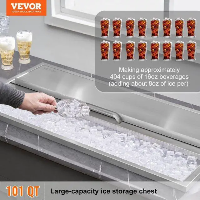 Alt view image 2 of 7 - VEVOR Drop in Ice Chest, 36"L x 18"W x 14"H Stainless Steel Ice Cooler, Commercial Ice Bin with Sliding Cover, 40.9 qt Outdoor Kitchen Ice Bar, Drain-pipe and Drain Plug Included, for Cold Wine Beer