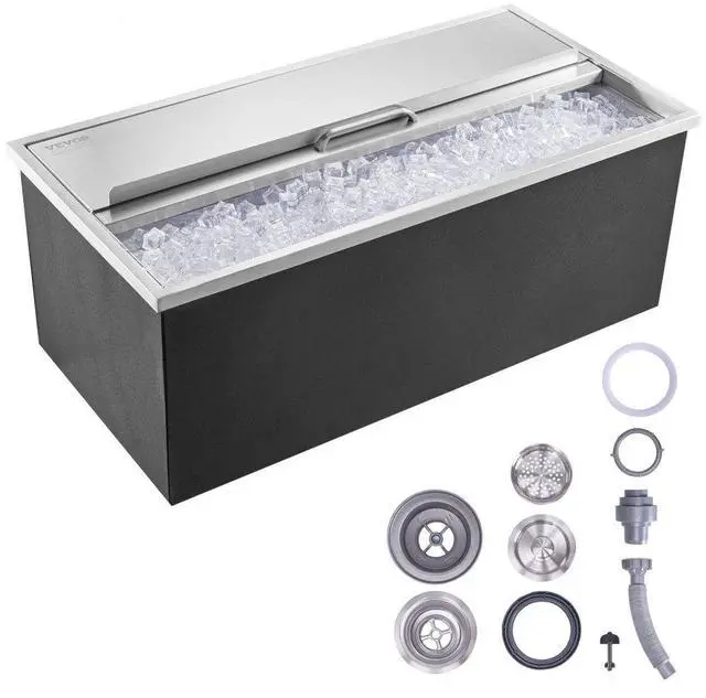 Main image of VEVOR Drop in Ice Chest, 36"L x 18"W x 14"H Stainless Steel Ice Cooler, Commercial Ice Bin with Sliding Cover, 40.9 qt Outdoor Kitchen Ice Bar, Drain-pipe and Drain Plug Included, for Cold Wine Beer