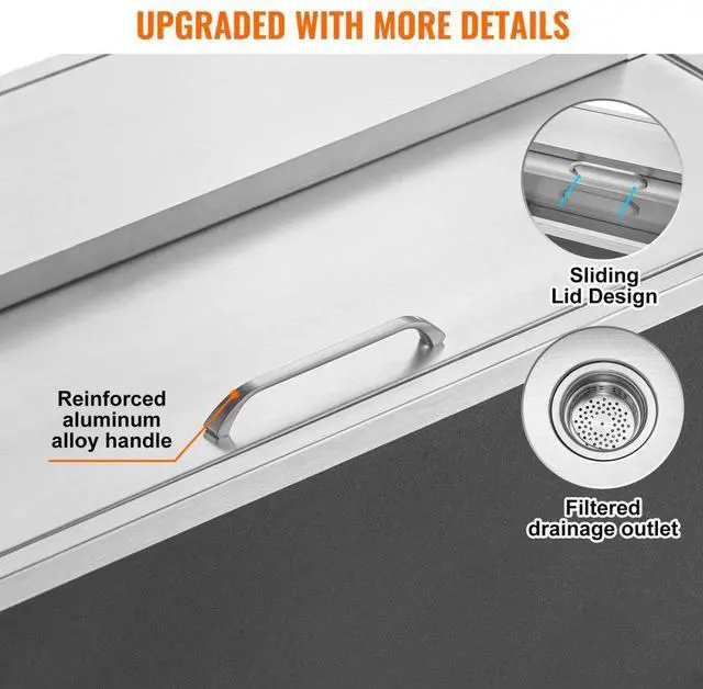 Alt view image 5 of 7 - VEVOR Drop in Ice Chest, 36"L x 18"W x 14"H Stainless Steel Ice Cooler, Commercial Ice Bin with Sliding Cover, 40.9 qt Outdoor Kitchen Ice Bar, Drain-pipe and Drain Plug Included, for Cold Wine Beer
