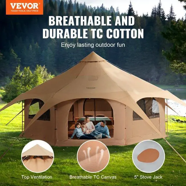 Alt view image 2 of 7 - VEVOR Canvas Tent, 4 Seasons 5 m/16.4 ft Bell Tent, Canvas Tent for Camping with Stove Jack, Breathable Yurt Tent for up to 8 People, Family Camping Outdoor Hunting Party