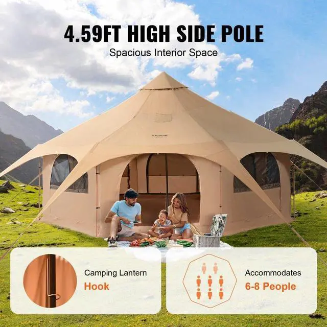Alt view image 4 of 7 - VEVOR Canvas Tent, 4 Seasons 5 m/16.4 ft Bell Tent, Canvas Tent for Camping with Stove Jack, Breathable Yurt Tent for up to 8 People, Family Camping Outdoor Hunting Party