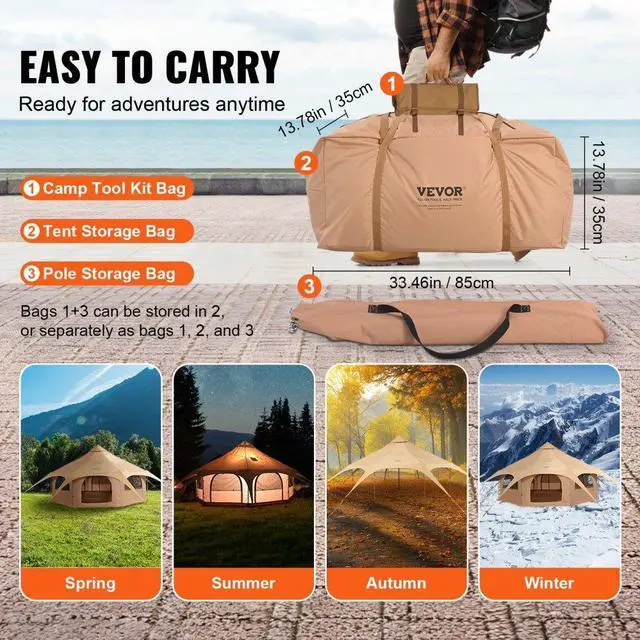 Alt view image 6 of 7 - VEVOR Canvas Tent, 4 Seasons 5 m/16.4 ft Bell Tent, Canvas Tent for Camping with Stove Jack, Breathable Yurt Tent for up to 8 People, Family Camping Outdoor Hunting Party