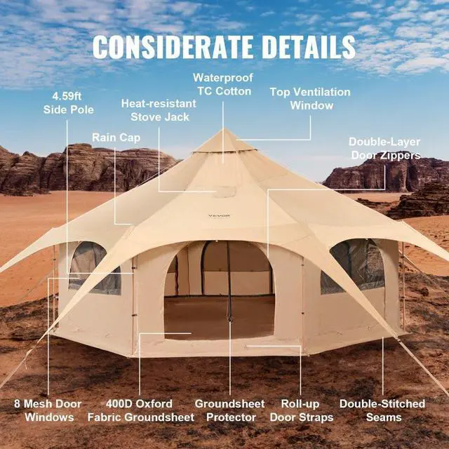 Alt view image 7 of 7 - VEVOR Canvas Tent, 4 Seasons 5 m/16.4 ft Bell Tent, Canvas Tent for Camping with Stove Jack, Breathable Yurt Tent for up to 8 People, Family Camping Outdoor Hunting Party