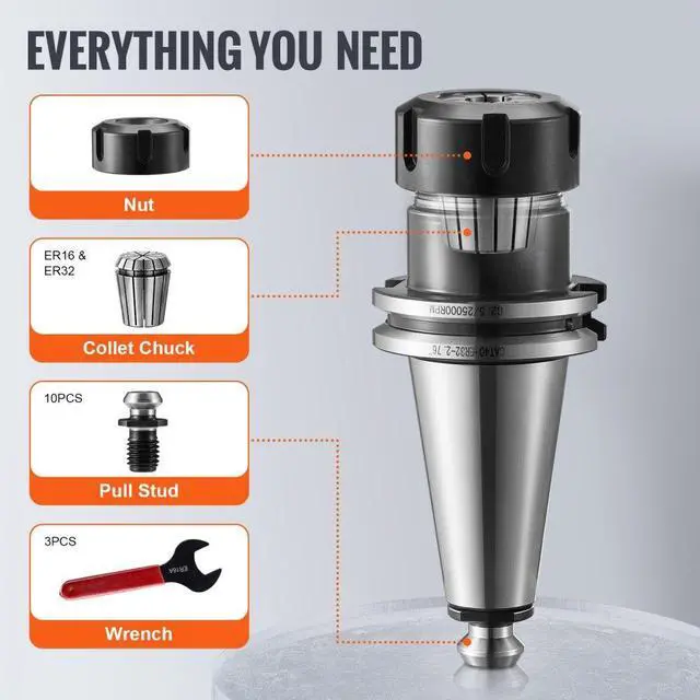 Alt view image 6 of 7 - VEVOR CAT40 Collet Holder ER 16/32 Collet Set, 35 PCs, SLN FMB ER16/32 APU Tool Holders Spring Steel Collet Chucks with 10 Pull Studs and 3 Wrenches, for Milling Machine Drill Presses Boring Machine