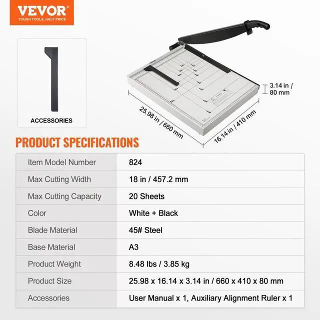 Alt view image 7 of 7 - VEVOR Paper Cutter, Guillotine Trimmer, 18" Cut Length, 20 Sheets Capacity, Heavy Duty Guillotine Paper Cutter with Guard Rail/Blade Lock for Cardstock/Cardboard, Paper Trimmer for Home Office School