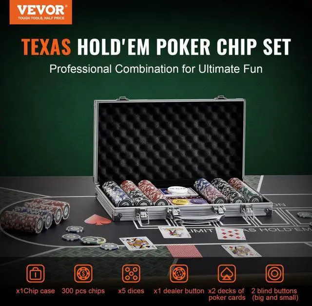 Alt view image 2 of 7 - VEVOR Poker Chip Set, 300-Piece Poker Set, Complete Poker Playing Game Set with Aluminum Carrying  Case, 11.5 Gram Casino Chips, Cards, Buttons and Dices, for Texas Hold'em, Blackjack, Gambling
