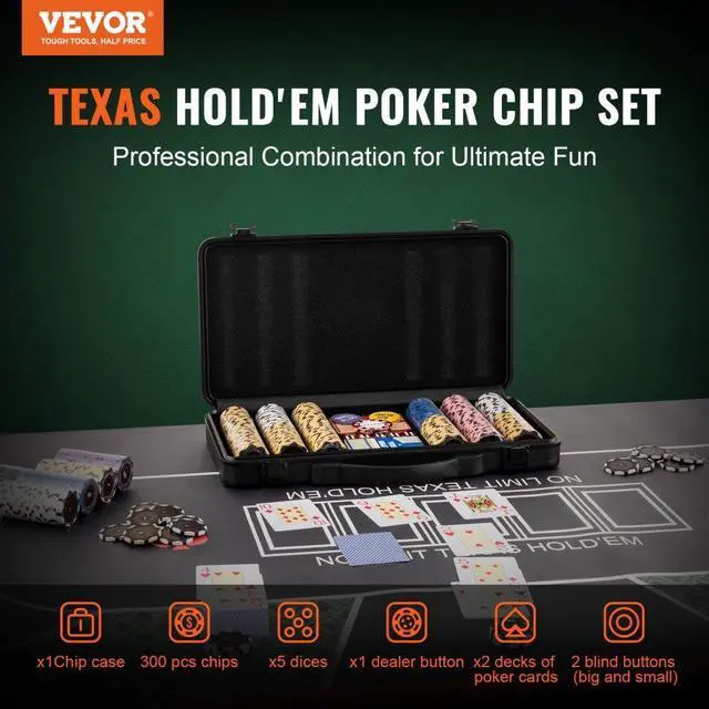 Alt view image 2 of 7 - VEVOR Poker Chip Set, 300-Piece Poker Set, Complete Poker Playing Game Set with Carrying  Case, Heavyweight 14 Gram Casino Clay Chips, Cards, Buttons and Dices, for Texas Hold'em, Blackjack, Gambling