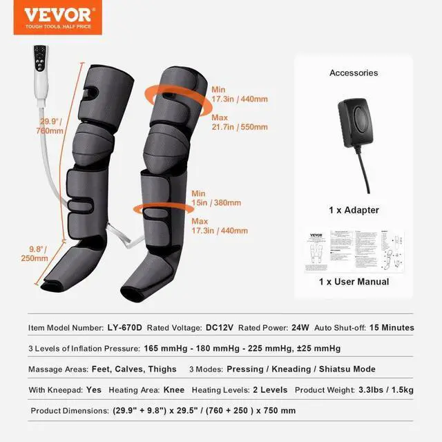 Alt view image 7 of 7 - VEVOR Full Leg Massager, Air Compression Leg Massager for Foot Calf Thigh Knee, 2 Knee Heating Levels, 3 Modes & 3 Intensities, Leg Compression Massage Boots for Circulation, Swelling and Pain Relief