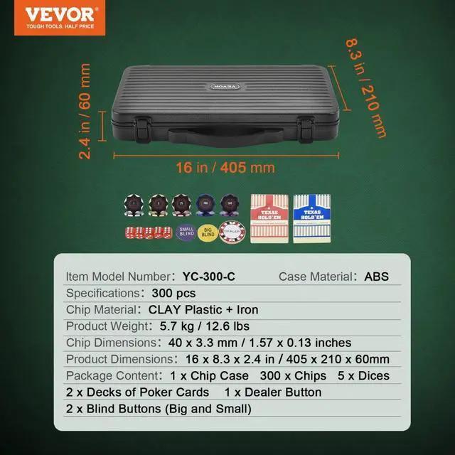 Alt view image 7 of 7 - VEVOR Poker Chip Set, 300-Piece Poker Set, Complete Poker Playing Game Set with Carrying  Case, Heavyweight 14 Gram Casino Clay Chips, Cards, Buttons and Dices, for Texas Hold'em, Blackjack, Gambling