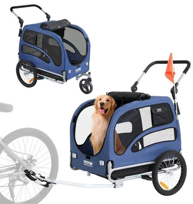 Main image of VEVOR Dog Bike Trailer, Supports up to 100 lbs, 2-in-1 Pet Stroller Cart Bicycle Carrier, Easy Folding Cart Frame with Quick Release Wheels, Universal Bicycle Coupler, Reflectors, Flag, Blue/Black