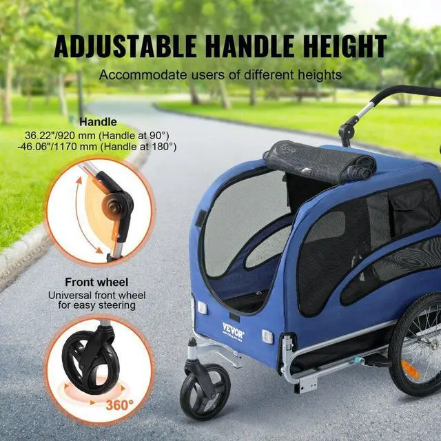 Alt view image 3 of 7 - VEVOR Dog Bike Trailer, Supports up to 100 lbs, 2-in-1 Pet Stroller Cart Bicycle Carrier, Easy Folding Cart Frame with Quick Release Wheels, Universal Bicycle Coupler, Reflectors, Flag, Blue/Black