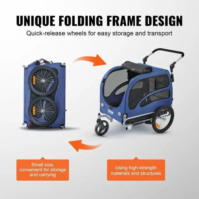 Alt view image 6 of 7 - VEVOR Dog Bike Trailer, Supports up to 100 lbs, 2-in-1 Pet Stroller Cart Bicycle Carrier, Easy Folding Cart Frame with Quick Release Wheels, Universal Bicycle Coupler, Reflectors, Flag, Blue/Black