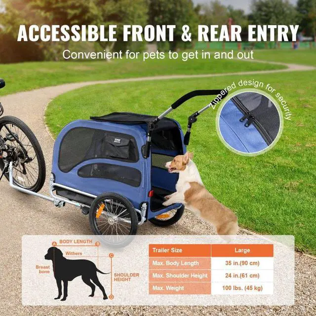 Alt view image 5 of 7 - VEVOR Dog Bike Trailer, Supports up to 100 lbs, 2-in-1 Pet Stroller Cart Bicycle Carrier, Easy Folding Cart Frame with Quick Release Wheels, Universal Bicycle Coupler, Reflectors, Flag, Blue/Black