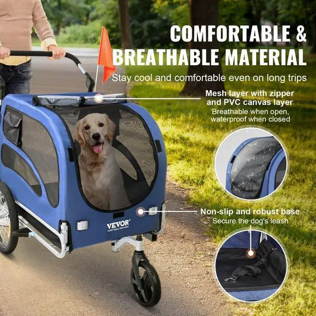 Alt view image 4 of 7 - VEVOR Dog Bike Trailer, Supports up to 100 lbs, 2-in-1 Pet Stroller Cart Bicycle Carrier, Easy Folding Cart Frame with Quick Release Wheels, Universal Bicycle Coupler, Reflectors, Flag, Blue/Black