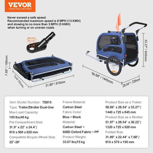 Alt view image 7 of 7 - VEVOR Dog Bike Trailer, Supports up to 100 lbs, 2-in-1 Pet Stroller Cart Bicycle Carrier, Easy Folding Cart Frame with Quick Release Wheels, Universal Bicycle Coupler, Reflectors, Flag, Blue/Black