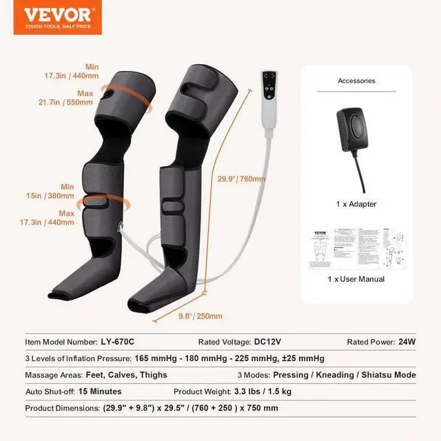 Alt view image 7 of 7 - VEVOR Full Leg Massager, Air Compression Leg Massager for Foot Calf Thigh Knee, 3 Modes & 3 Intensities, Leg Compression Massage Boots for Circulation, Relaxation, Pain Relief - Great Gift for Mom/Dad