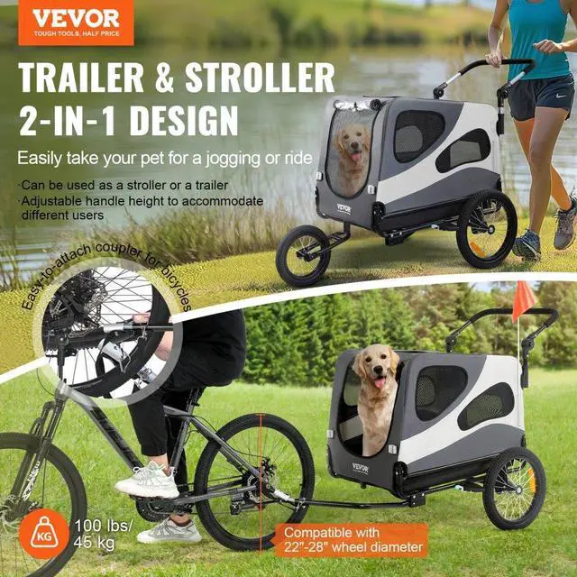 Alt view image 2 of 7 - VEVOR Dog Bike Trailer, Supports up to 100 lbs, 2-in-1 Pet Stroller Cart Bicycle Carrier, Easy Folding Cart Frame with Quick Release Wheels, Universal Bicycle Coupler, Reflectors, Flag, Black/Gray