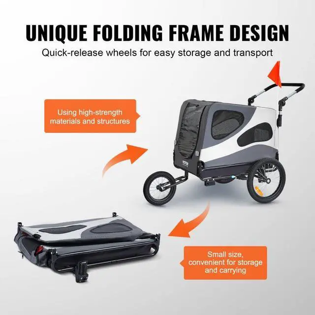 Alt view image 6 of 7 - VEVOR Dog Bike Trailer, Supports up to 100 lbs, 2-in-1 Pet Stroller Cart Bicycle Carrier, Easy Folding Cart Frame with Quick Release Wheels, Universal Bicycle Coupler, Reflectors, Flag, Black/Gray
