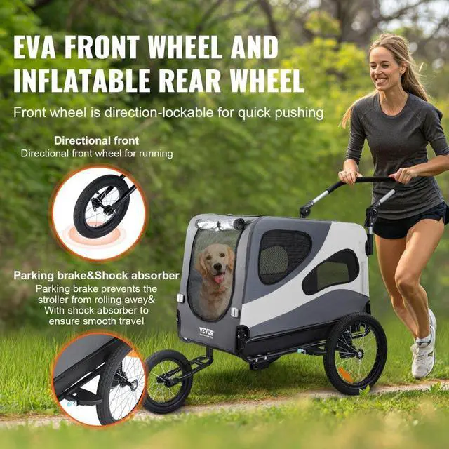 Alt view image 3 of 7 - VEVOR Dog Bike Trailer, Supports up to 100 lbs, 2-in-1 Pet Stroller Cart Bicycle Carrier, Easy Folding Cart Frame with Quick Release Wheels, Universal Bicycle Coupler, Reflectors, Flag, Black/Gray
