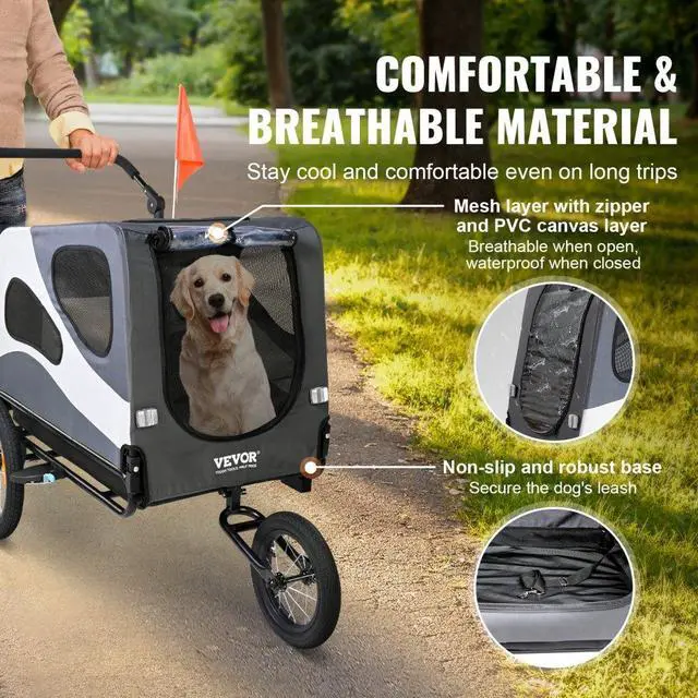 Alt view image 4 of 7 - VEVOR Dog Bike Trailer, Supports up to 100 lbs, 2-in-1 Pet Stroller Cart Bicycle Carrier, Easy Folding Cart Frame with Quick Release Wheels, Universal Bicycle Coupler, Reflectors, Flag, Black/Gray