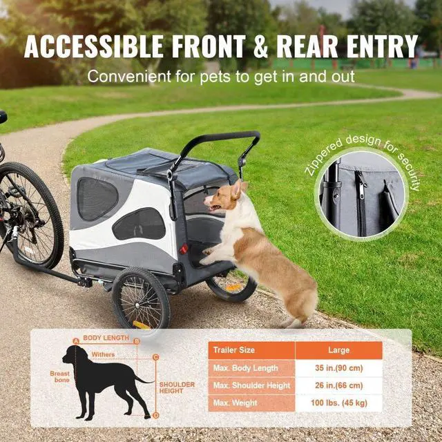 Alt view image 5 of 7 - VEVOR Dog Bike Trailer, Supports up to 100 lbs, 2-in-1 Pet Stroller Cart Bicycle Carrier, Easy Folding Cart Frame with Quick Release Wheels, Universal Bicycle Coupler, Reflectors, Flag, Black/Gray