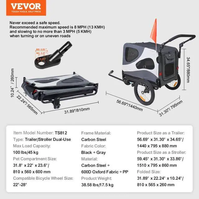 Alt view image 7 of 7 - VEVOR Dog Bike Trailer, Supports up to 100 lbs, 2-in-1 Pet Stroller Cart Bicycle Carrier, Easy Folding Cart Frame with Quick Release Wheels, Universal Bicycle Coupler, Reflectors, Flag, Black/Gray