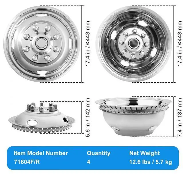 Alt view image 7 of 7 - VEVOR 16-inch Wheel Simulators, 304 Stainless Steel Wheel Simulator Kit with Mirror Polished Finish, 2 Front and 2 Rear Wheel Covers Fit for Ford F350 (1974-1998), 4 pcs