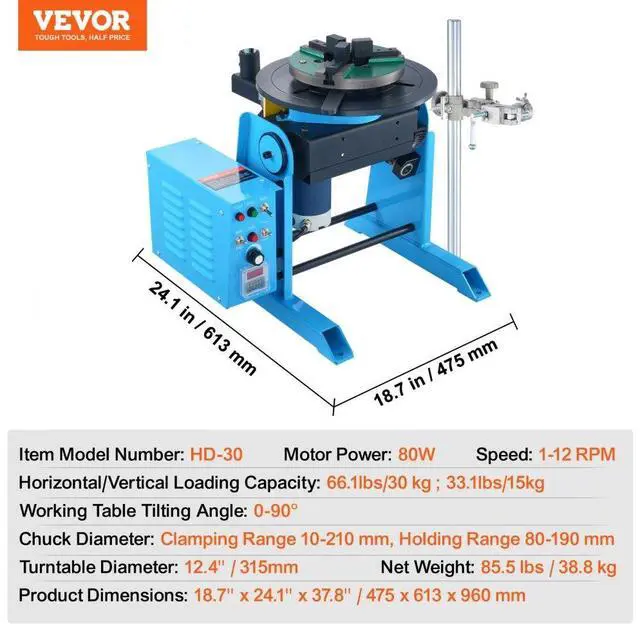 Alt view image 7 of 14 - VEVOR Rotary Welding Positioner 66LBS / 30KG, 0-90° Welding Positioning Turntable Table 1-12RPM 80W, with 12.4 Inch 3-Jaw Lathe Chuck & Welding Torch Stand Holder for Cutting, Grinding, Assembly