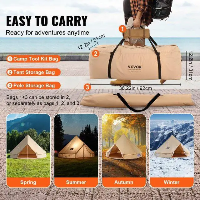 Alt view image 6 of 7 - VEVOR 5-8 Person Canvas Glamping Bell Tent, Breathable Waterproof Yurt Tent with Stove Jack and Detachable Side Wall for Family Camping,13'x 13'x98"(Diameter 4M)