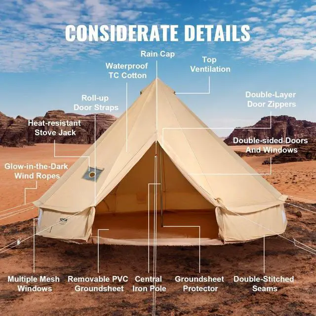 Alt view image 7 of 7 - VEVOR 5-8 Person Canvas Glamping Bell Tent, Breathable Waterproof Yurt Tent with Stove Jack and Detachable Side Wall for Family Camping,13'x 13'x98"(Diameter 4M)