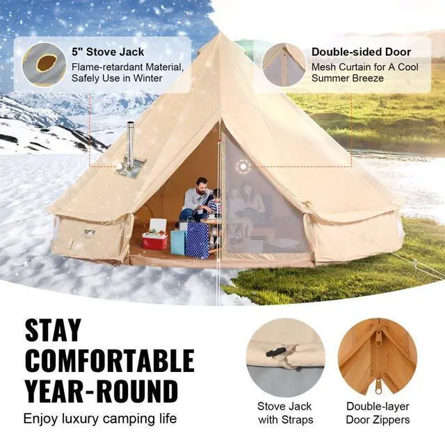 Alt view image 3 of 7 - VEVOR 3-5 Person Canvas Glamping Bell Tent, Breathable Waterproof Yurt Tent with Stove Jack and Detachable Side Wall for Family Camping, 10'x 10'x98"(Diameter 3M)
