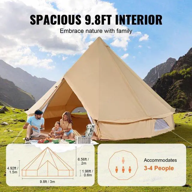 Alt view image 4 of 7 - VEVOR 3-5 Person Canvas Glamping Bell Tent, Breathable Waterproof Yurt Tent with Stove Jack and Detachable Side Wall for Family Camping, 10'x 10'x98"(Diameter 3M)