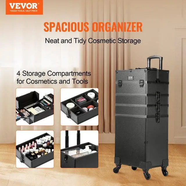 Alt view image 2 of 7 - VEVOR 5 in 1 Professional Makeup Train Case Aluminum Cosmetic Case, Rolling Makeup Case Extra Large Trolley Makeup Travel Organizer, with 360° Swivel Wheels & Adjustable Pull Rod, Black