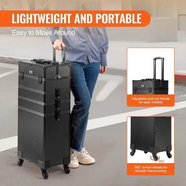Alt view image 4 of 7 - VEVOR 5 in 1 Professional Makeup Train Case Aluminum Cosmetic Case, Rolling Makeup Case Extra Large Trolley Makeup Travel Organizer, with 360° Swivel Wheels & Adjustable Pull Rod, Black