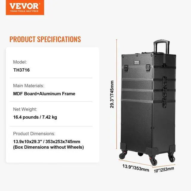 Alt view image 7 of 7 - VEVOR 5 in 1 Professional Makeup Train Case Aluminum Cosmetic Case, Rolling Makeup Case Extra Large Trolley Makeup Travel Organizer, with 360° Swivel Wheels & Adjustable Pull Rod, Black