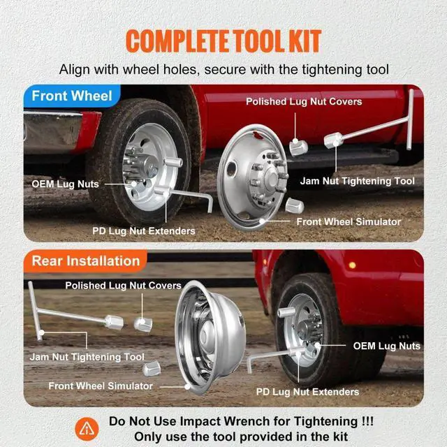 Alt view image 6 of 14 - VEVOR 19.5-inch 10 Lug Wheel Simulators, 304 Stainless Steel Wheel Simulator Kit with Mirror Polished Finish, 2 Front and 2 Rear Wheel Covers Fit for For Ford F450/F550 (2005-2020), 4 pcs